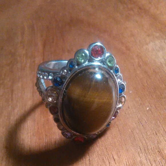 Tiger's Eye and Austrian Crystal Stainless Steel Ring (Size 9) - Picture 14 of 16